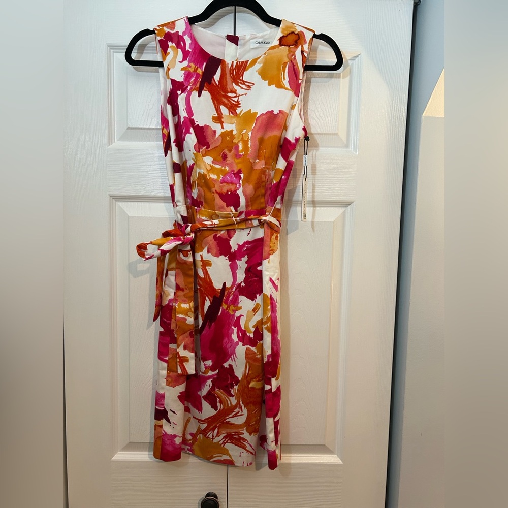 Calvin Klein White Pink Orange Floral Midi Dress - Picture 2 of 7